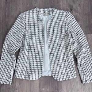 Ann Klein Black & White Grid Collarless Open-Front Blazer